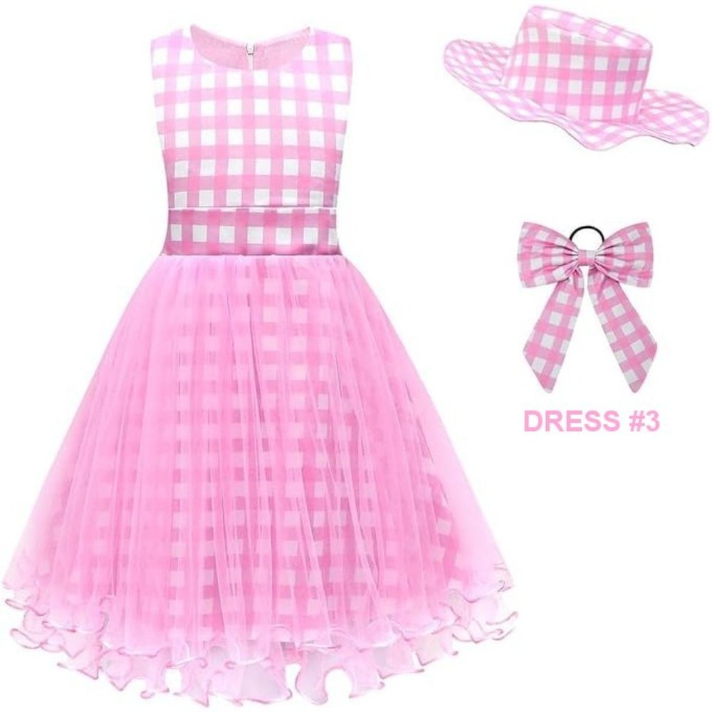 NWT Adorable Barbie Costume Movie Pink Gingham Plaid Girls Dresses +Gift - Picture 9 of 16